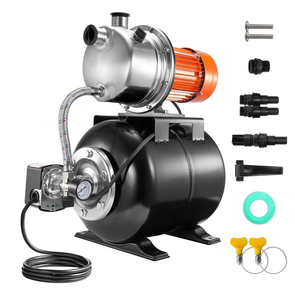 1.6 HP Shallow Well Pump with Pressure Tank, 1320 GPH, Automatic Irrigation Water Booster Pump with 5-Gal Pressure Tank 30/50 PSI Pressure Switch, Stainless Steel Pump Head for Home Garden Lawn