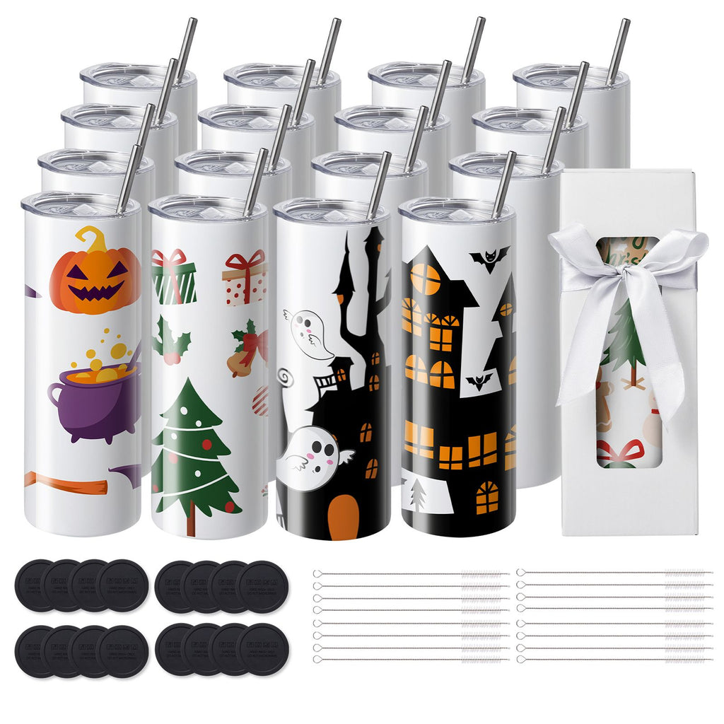 16 Pack Sublimation Tumblers 20oz Skinny Straight, Stainless Steel Sublimation Tumblers Blank, Stainless Steel Double Wall Tumbler for Heat Transfer Customized Gifts with Lid and Straw, Gift Box