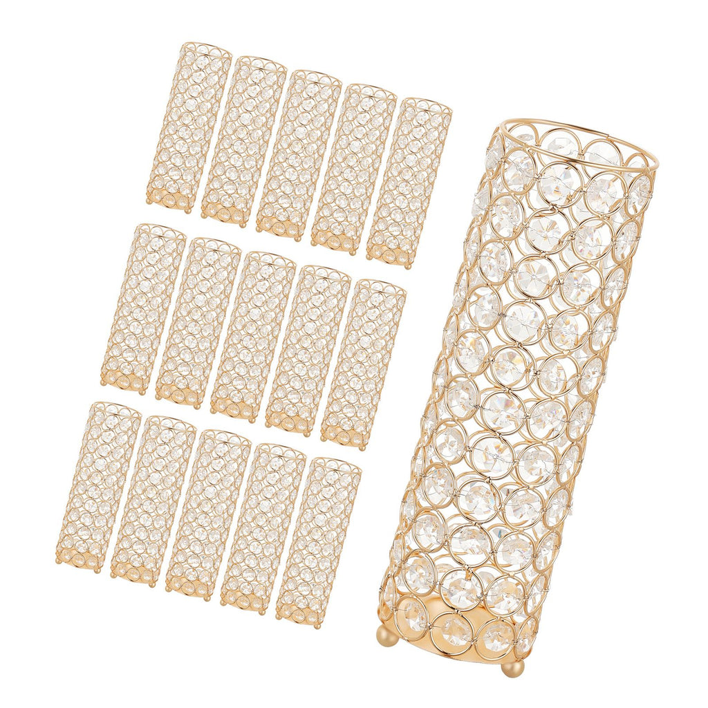 16 PCS Crystal Wedding Flower Vase, 10.24 in Tall Flower Table Centerpieces, Crystal Cylinder Banquet Vases Easy Installation, Versatile Arrangement Stand for Party Events Room Home Decor, Gold