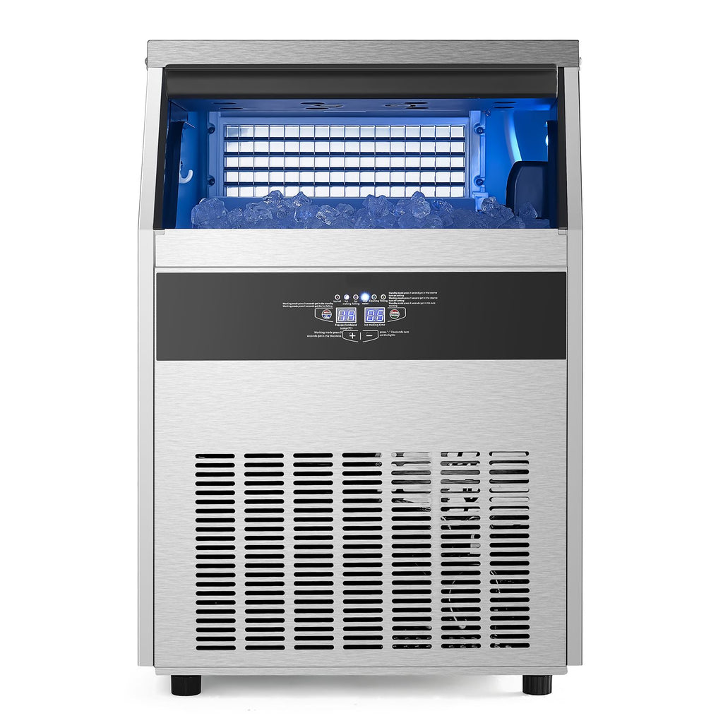160lbs/24H Commercial Ice Maker Machine, 66lbs Storage Capacity Ice Maker with Drain Pump, 80 Ice Cubes in 15 Minutes, LED Digital Display Freestanding Self-Cleaning for Bar Office Restaurant
