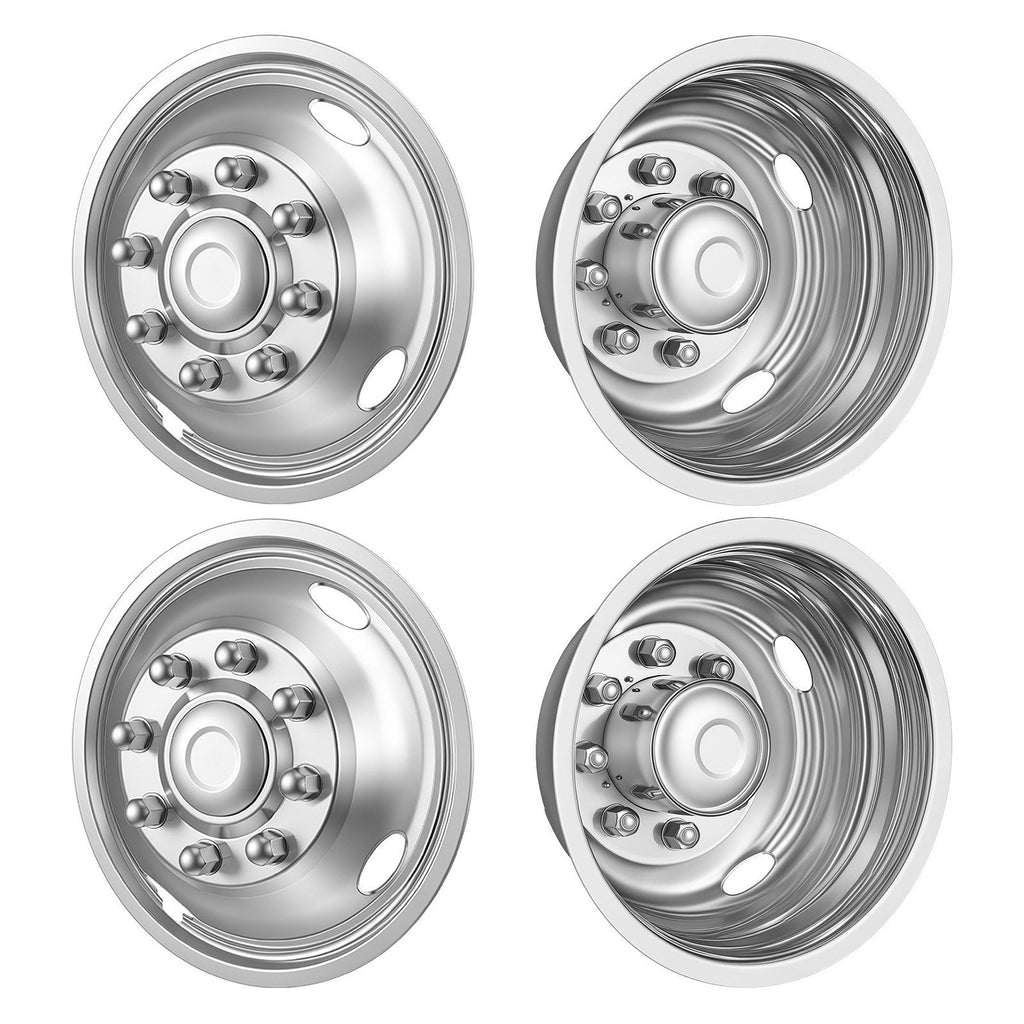 17-Inch Wheel Simulators 8 Lug Stainless Steel Front and Rear Wheel, Fit for 2005-2025 Ford F350 Truck Models, 5 Hand Holes, Polished Bolt On Hubcaps Covers, with Installation Tool Kit, 4pcs