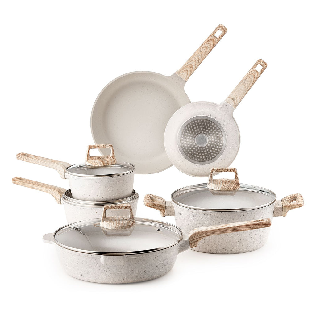 17 Piece Pots and Pans Set, Granite Nonstick Cookware Set, Induction Cookwares, Kitchen RV Cooking Sets with Frying, Sauce, Saute, Tempered Glass Lids, and Pan Protectors, White
