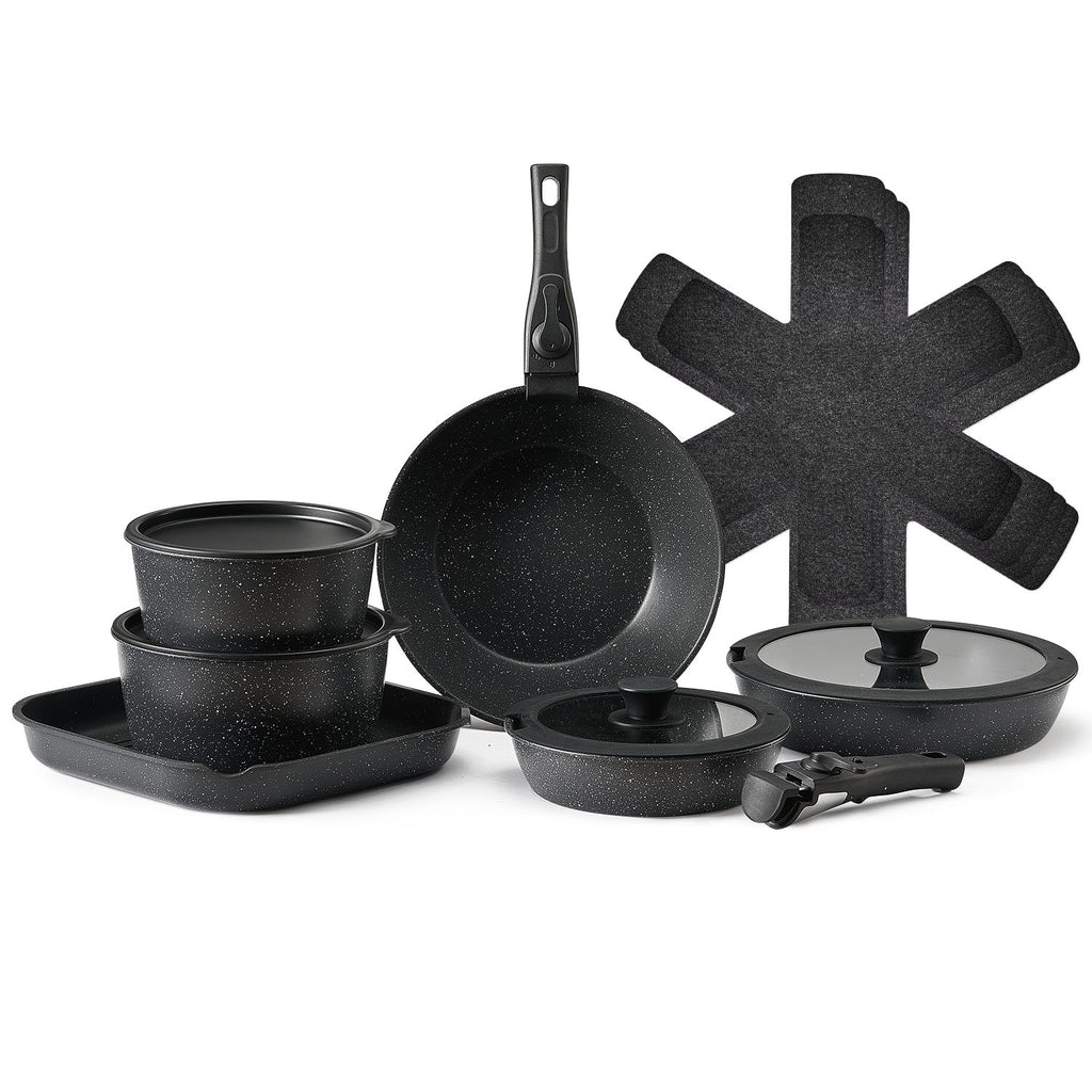17 Piece Pots and Pans Set, Granite Nonstick Detachable Handle Cookware, Space Saving Induction Cookwares, Kitchen RV Cooking Sets with Frying, Sauce, Saute, Tempered Glass Lid, Oven Safe, Black