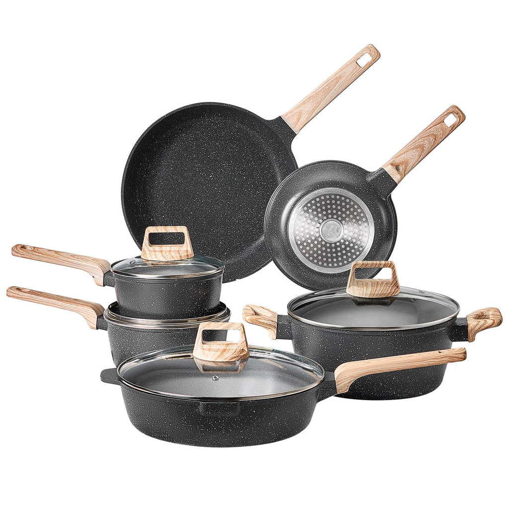17 Piece Pots and Pans Set Nonstick, Granite Cookware Set, Induction Cookwares, Kitchen RV Cooking Sets with Frying, Sauce, Saute, Tempered Glass Lids, and Pan Protectors, Black