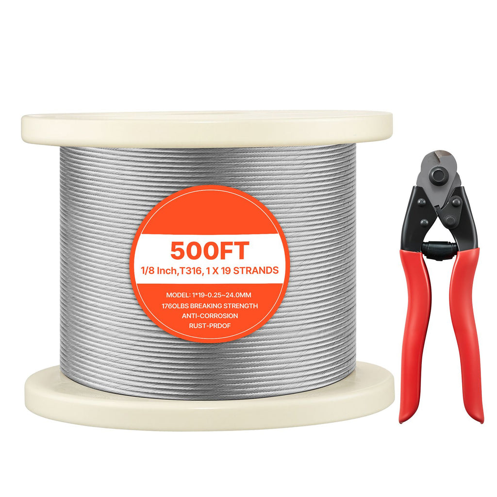 1/8 Inch Wire Rope, 500 ft Length, 316 Stainless Steel Wire Cable with Cutter, 1760 lbs Breaking Strength, 1 x 19 Strands Construction, Steel Cable for Deck Railing System, Garden Trellis