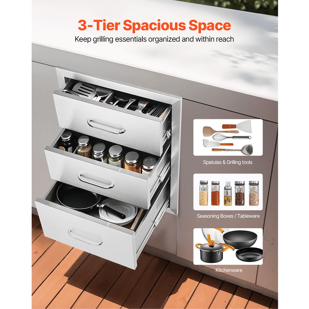 18x23 Inch Outdoor Kitchen Stainless Steel Triple Access BBQ Drawers with Chrome Handle, 18 x23 x 23 Inch image 2