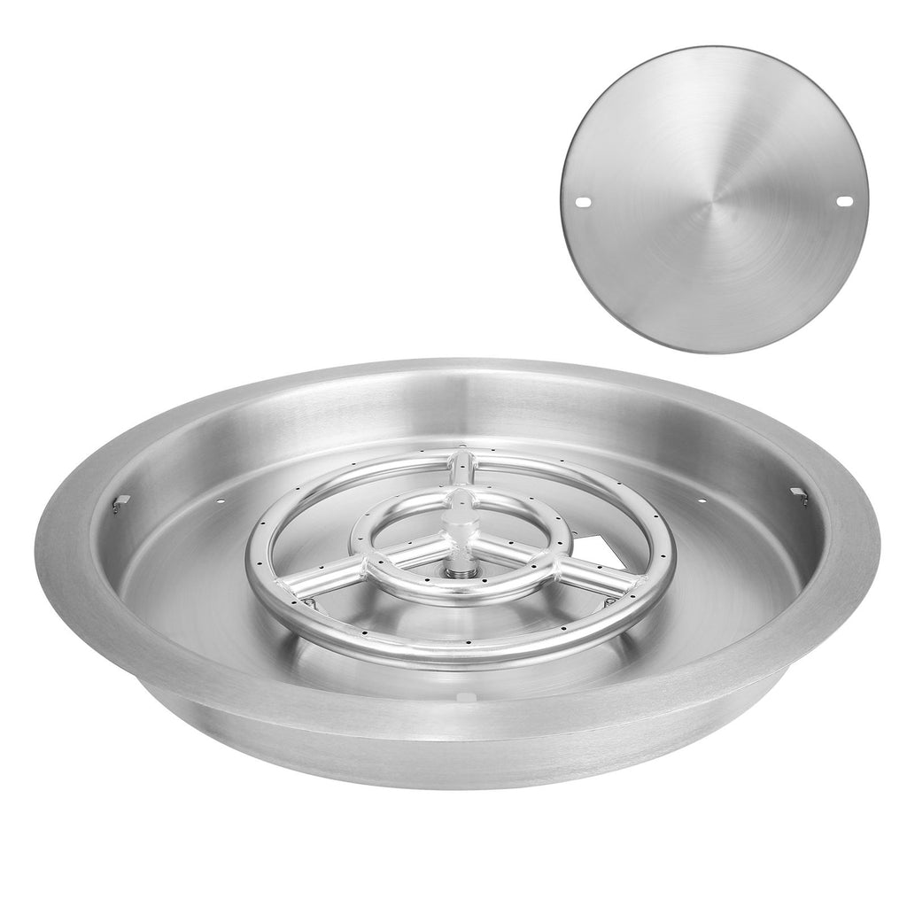 19 inch Round Drop-in Fire Pit Pan, Stainless Steel Fire Pit Burner, Natural & Propane Gas Fire Pan 92,000 BTU with Lid, for Indoor or Outdoor Use