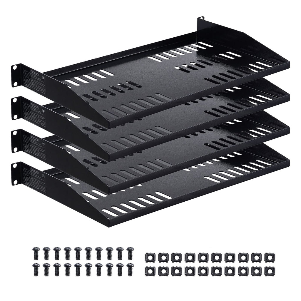 1U Server Rack Shelf, 4 PCS, 50 lbs Max Load-Bearing Vented Cantilever, Wall Mount or Rack Mount Shelf with Tray, 10 in Depth, Good Air Circulation for 19 Inch Cabinet Computer Network Equipment