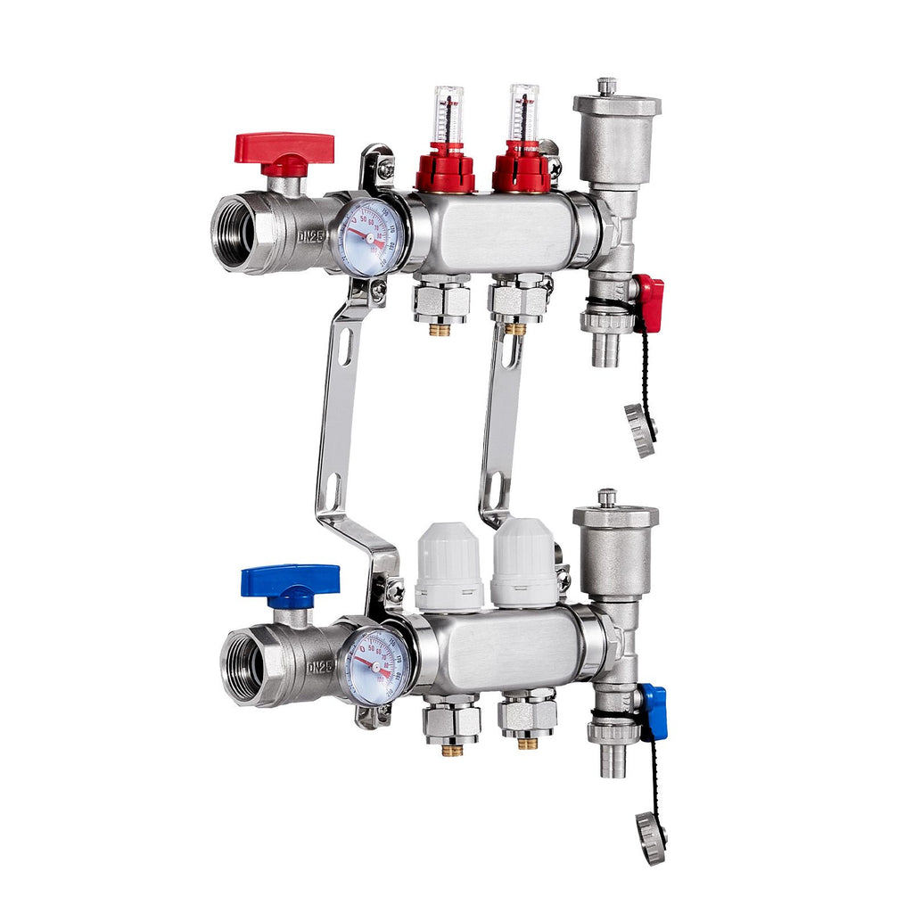 2-Branch Radiant Heat Manifold, 1/2" PEX Tubing Manifold, Stainless Steel PEX Manifold for Hydronic Radiant Floor Heating, Radiant Heat PEX Manifold Kit with 1/2" Adapters Included