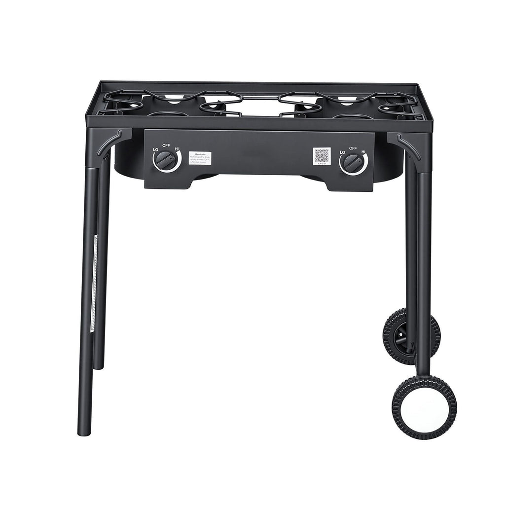 2 Burner Outdoor Propane Gas Stove, 150,000 BTU Propane LPG Gas Camping Stove, Heavy-duty Carbon Steel Outdoor Cooker, with 2 Wheels & 20 PSI Regulator & Hose, for BBQ Camp Home Patio Backyard