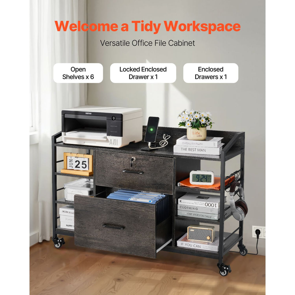 2 Drawers Metal File Cabinet, Lateral Filing Cabinet with Lock and 6 Open Shelves, Wooden Wide Filing Storage Cabinets with Power Strip for Letter, A4, Legal Size File, Easy Assembly, Gray image 2