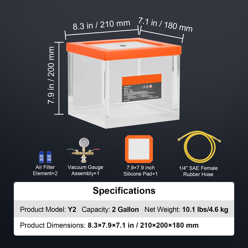 2 Gallon Vacuum Chamber, Upgraded Multipurpose Acrylic Vacuum Degassing Chamber, Transparent Vacuum Chamber, for Resin Degassing, Silica Gel Degassing, Gypsum Degassing and Vacuum Extraction