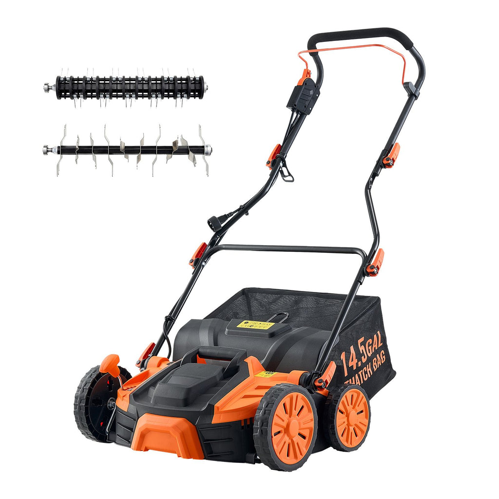 2-in-1 Electric Dethatcher and Scarifier, 16-Inch 15 Amp, Corded Lawn Dethatcher with 14.5-Gallon Thatch Collection Bag, 5-Position Depth Adjustment, Walk Behind Machine for Garden Yard Grass