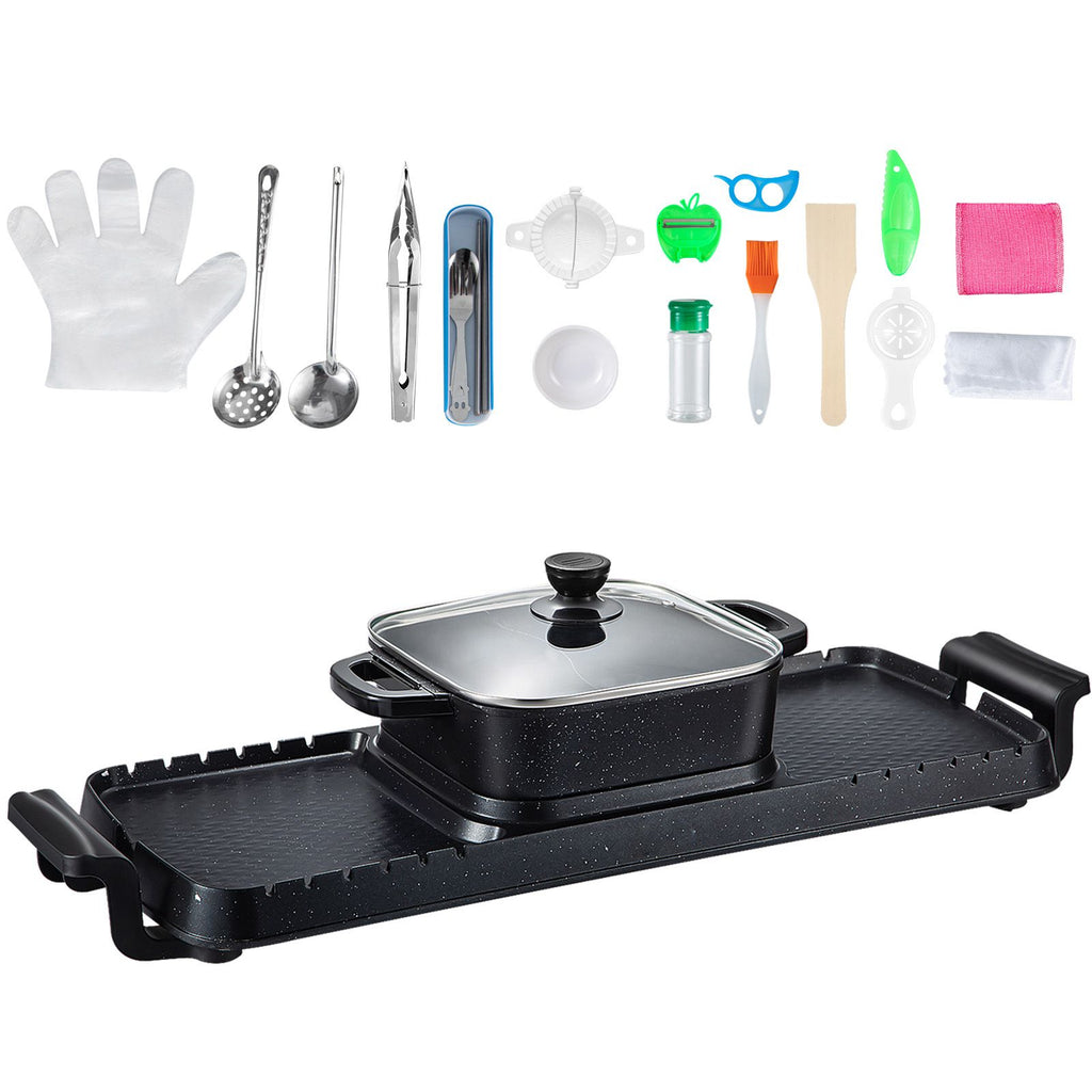 2 in 1 Electric Grill and Hot Pot, 2400W BBQ Pan Grill and Hot Pot, Multifunctional Teppanyaki Grill Pot with Dual Temp Control, Smokeless Hot Pot Grill with Nonstick Coating for 1-8 People