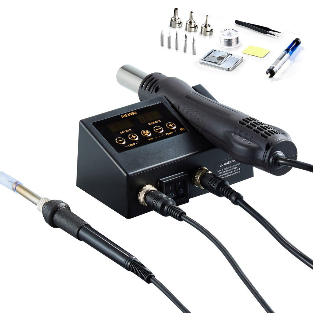 2-in-1 Hot Air Rework Station & Soldering Station, 750W Digital Rework and Soldering Iron Station with Adjustable Temps & Airflow, Celsius/ Fahrenheit Conversion, 3 Hot Air Nozzles