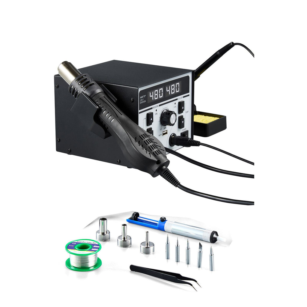 2-in-1 Hot Air Rework Station & Soldering Station, 820W LED Digital Rework and Soldering Iron Station with 5V USB Charging Port, Adjustable Temps & Airflow, 3 Hot Air Nozzles