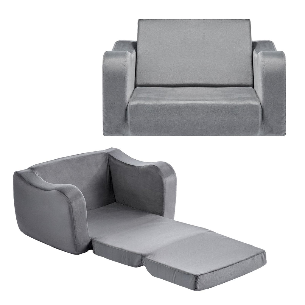 2-in-1 Kids Sofa, Foldable Toddler Soft Couch with Armrests, Made of 28D Sponge & Short Pile, Convertible Toddler Chair to Lounger, Kid Couch Fold Out for Fun Playtime or Comfy Lounging, M, Gray