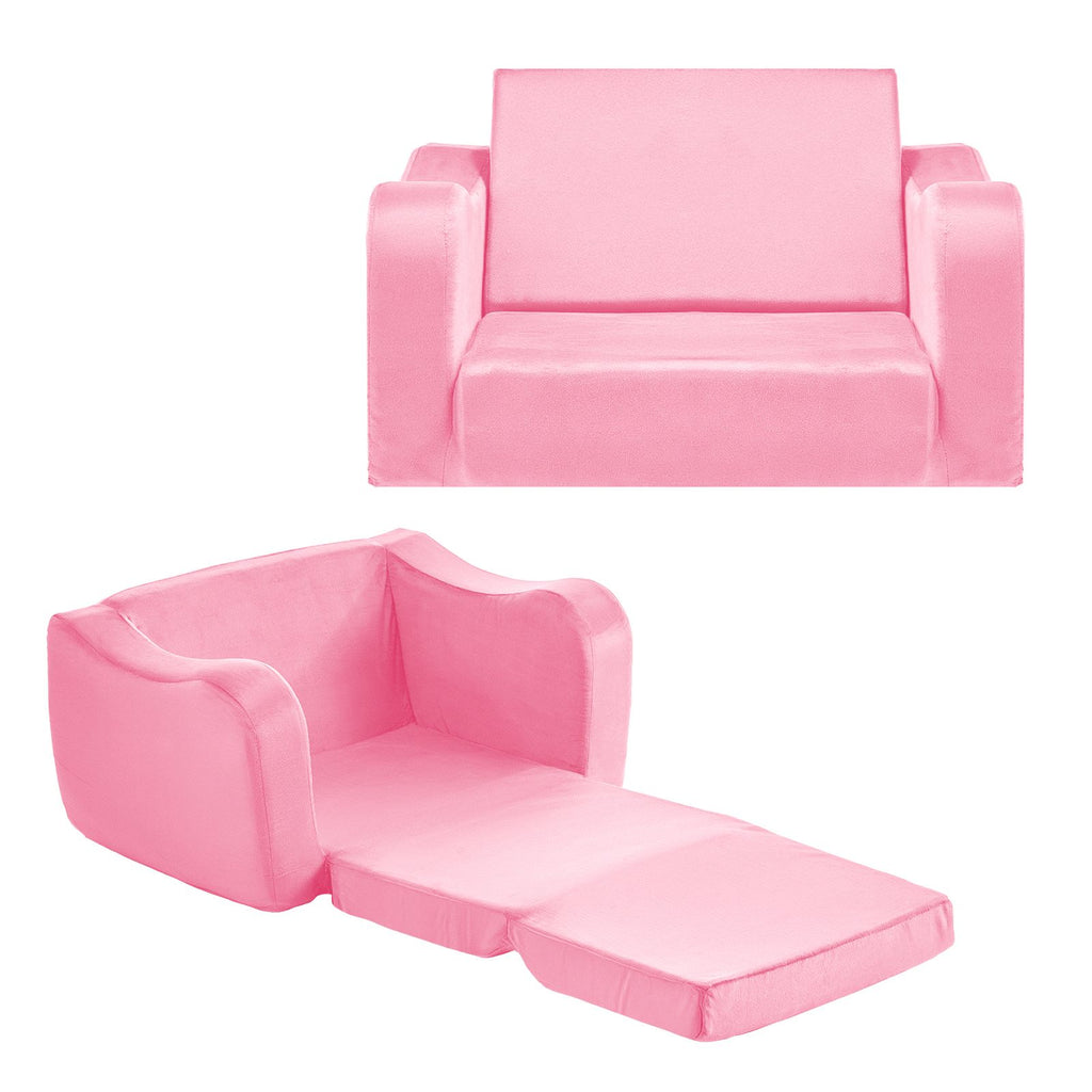 2-in-1 Kids Sofa, Foldable Toddler Soft Couch with Armrests, Made of 28D Sponge & Short Pile, Convertible Toddler Chair to Lounger, Kid Couch Fold Out for Fun Playtime or Comfy Lounging, M, Pink