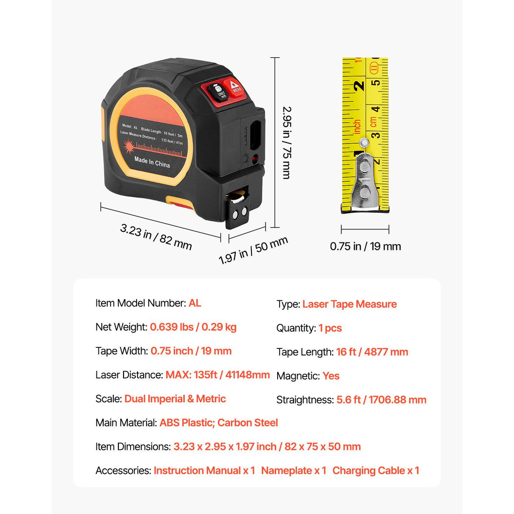 2-in-1 Laser Tape Measure, 135Ft Rechargeable Laser Measurement Tool & 16Ft Measuring Tape with Magnetic, 4 Modes-Length, Area, Volume, Continuous,ft/in/m/ft+in Unit,for Outdoor,Decoration image 2