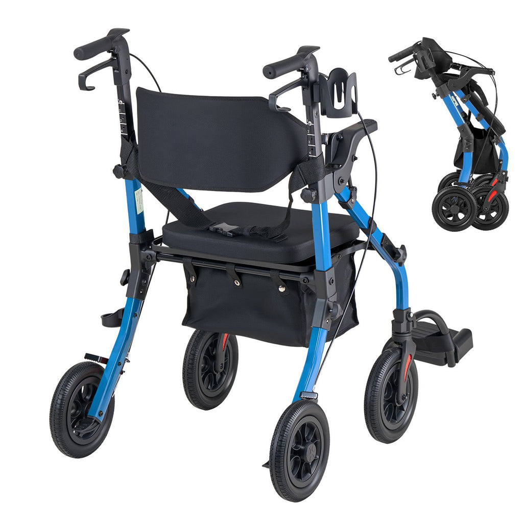 2-in-1 Rollator Walker & Transport Chair for Seniors, Foldable Rolling Walker Wheelchair, Lightweight Aluminum Mobility Walking Aid with Solid PU Wheels, Cup & Cane Holder - Supports 300LBS