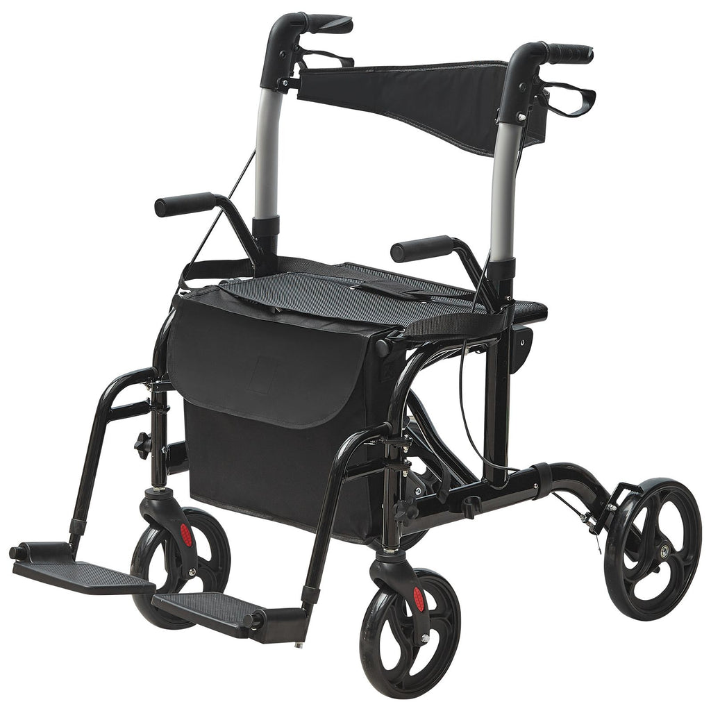 2 in 1 Rollator Walker & Transport Chair for Seniors, Folding Rolling Walker Wheelchair Combo & Footrests, Lightweight Aluminum Mobility Walker with Adjustable Handle, All Terrain Wheels, 300LBS