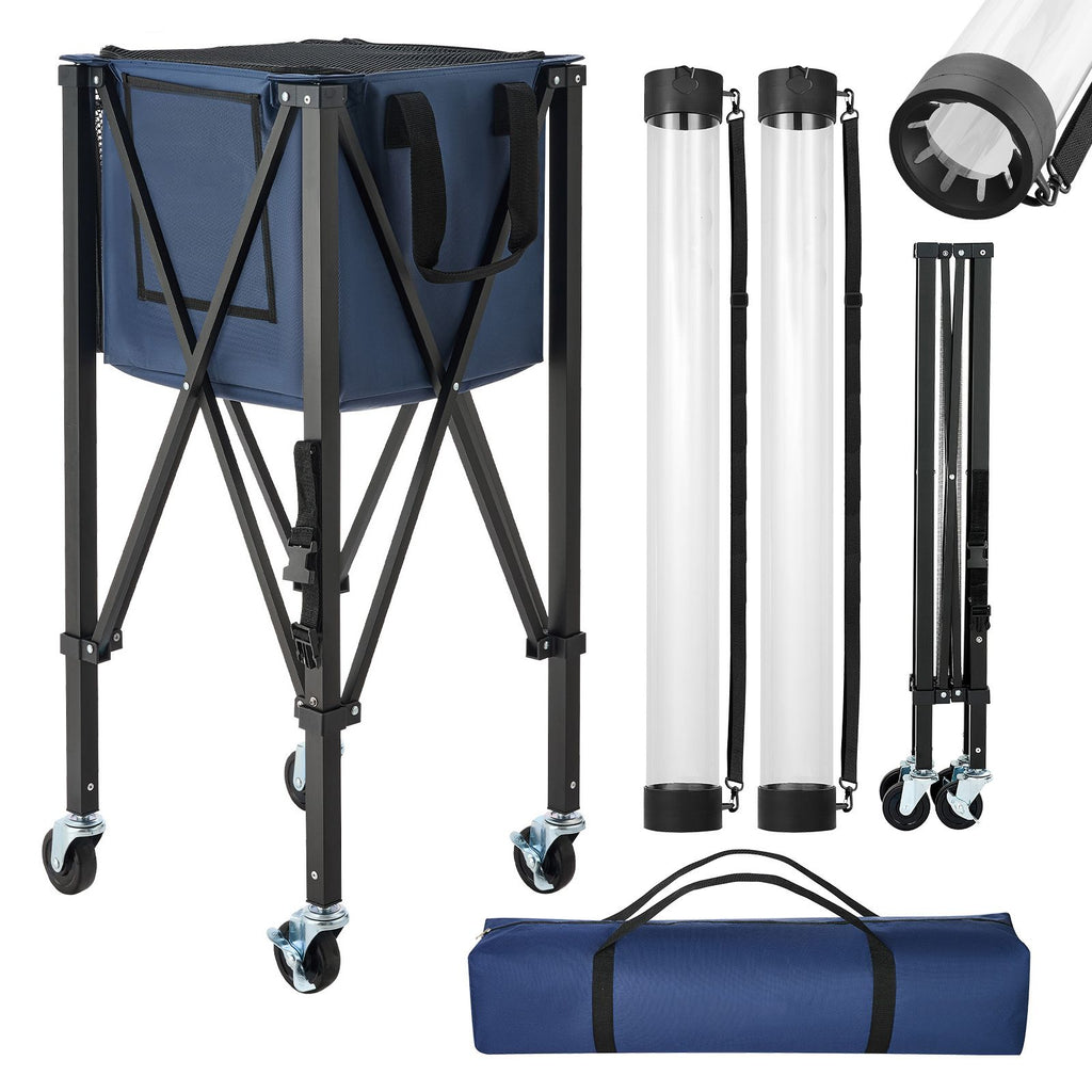 2-in-1 Tennis & Pickleball Hopper, with Pickup Tube, Foldable Pickleball Basket Cart with with Wheels, Holds 150 Tennis Balls or 260 Pickleballs, Portable Pickleball Caddy Holder, for Training