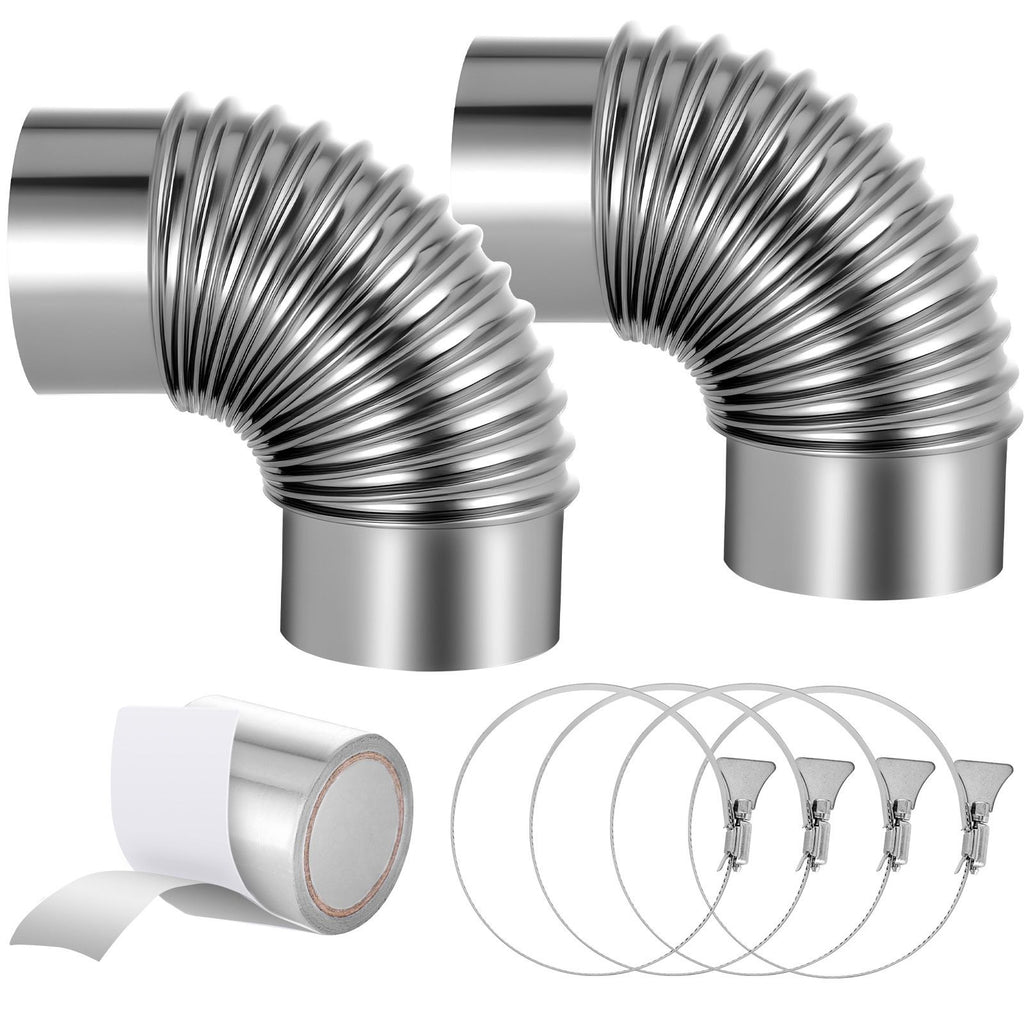 2 Pack Dryer Vent Elbow, 90 Degree Hose Connector Kit for 4 Inch Duct, Stainless Steel Vent Elbows with 4 Clamps and Aluminum Foil Tape, for HVAC Ducts, Pipes, and Ductworks at Tight Space