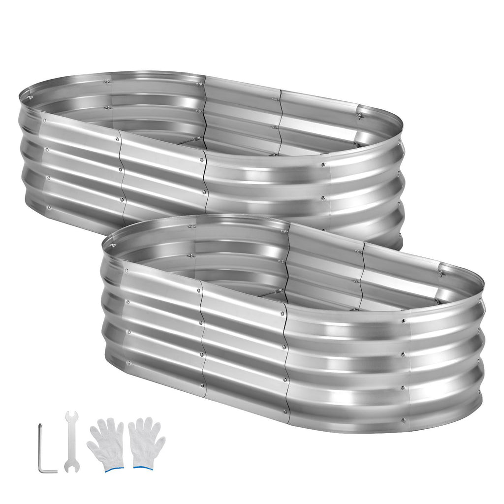 2 Pack Galvanized Raised Garden Beds, 4 x 2 x 1 ft, Oval Metal Planter Boxes Kit Outdoor, Bottomless Elevated Garden Box with Gloves, Alu-Zinc, for Planting Flowers Fruits Vegetables, Silver