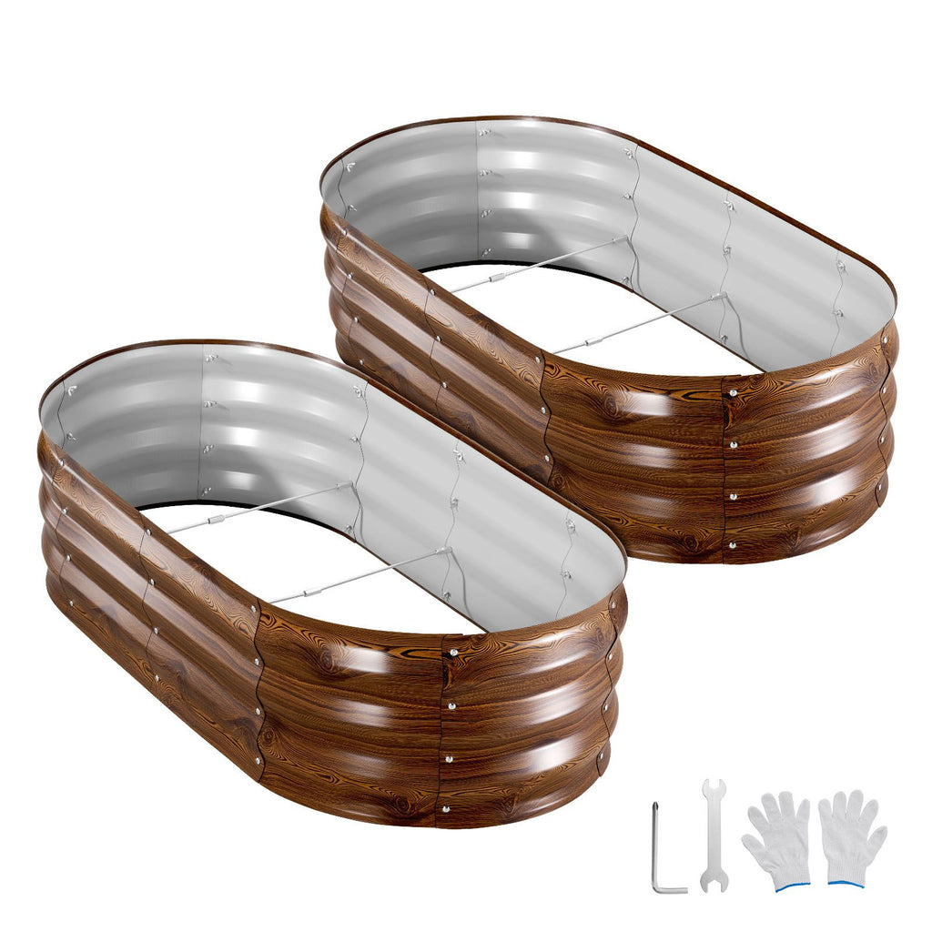 2 Pack Galvanized Raised Garden Beds, 4 x 2 x 1 ft, Oval Metal Planter Boxes Kit Outdoor, Bottomless Elevated Garden Box with Gloves, Alu-Zinc, for Planting Flowers Vegetables, Deep Wood Grain