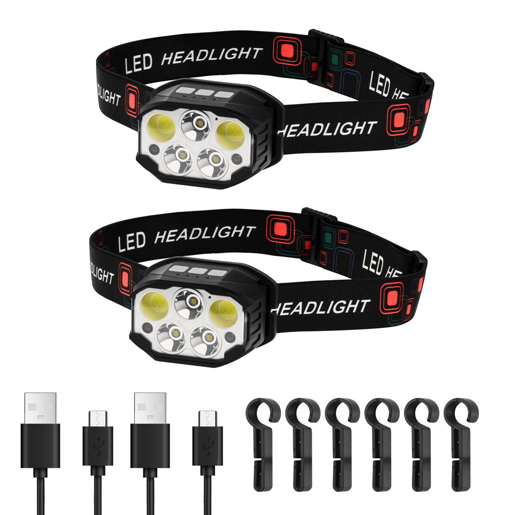 2 Pack Headlamps, Bright LED Rechargeable Headlight, Lightweight Head Flashlight with 12 Lighting Modes & Motion Sensor, Adjustable Headband, Head Lamps for Camping, Running, Hiking, Fishing
