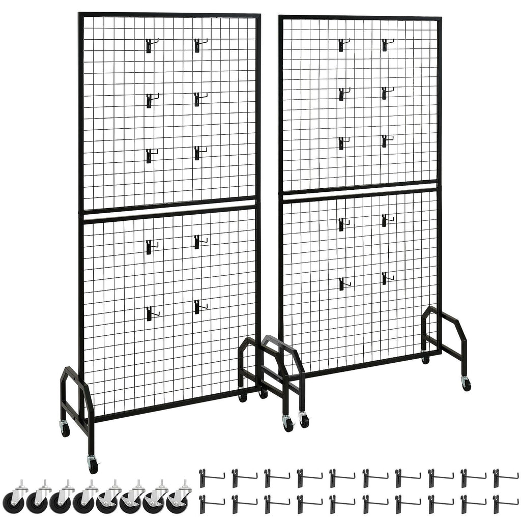 2 Packs Grid Wall Panels, 2.9 x 5.9 ft Wire Grid Panels Display Rack, Movable Art Display Shelf with Wheels and 10 Hooks, Black Carbon Steel Gridwall for Craft Show, Decor, Storage, Notice Board