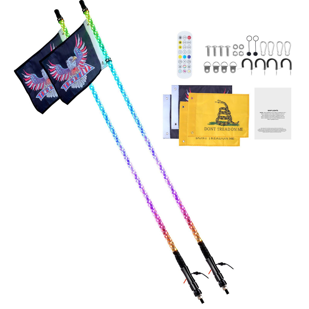 2 PCS 3 FT Whip Light, APP & RF Remote Control Led Whip Light, Waterproof 360° Spiral RGB Chasing Lighted Whips with 4 Flags, for UTVs, ATVs, Motorcycles, RZR, Can-am, Trucks, Off-road, Go-karts