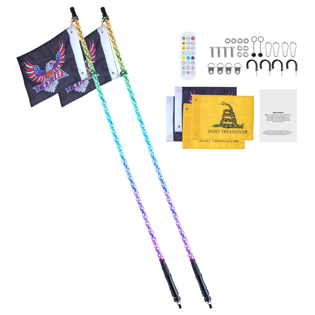 2 PCS 5 FT Whip Light, APP & RF Remote Control Led Whip Light, Waterproof 360° Spiral RGB Chasing Lighted Whips with 4 Flags, for UTVs, ATVs, Motorcycles, RZR, Can-am, Trucks, Off-road, Go-karts