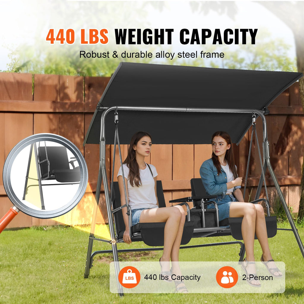 2-Seat Patio Swing Chair, Outdoor Patio Swing with Adjustable Canopy, Porch Swing with Storage Bag and Rotating Tray, Oxford Fabric and Alloy Steel Frame, for Balcony, Backyard, Poolside, Black image 2