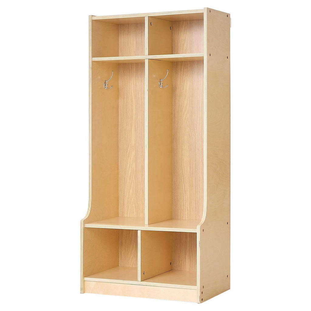 2-Section Kids Coat Locker, Wooden Toddler Cubby Storage Organizer with 4 Hooks & Anti-Tip Kit, Modern Kid Coat Cubbies with 4 Small Open Storage Boxes for Home, Kindergarten, Daycare, Natural