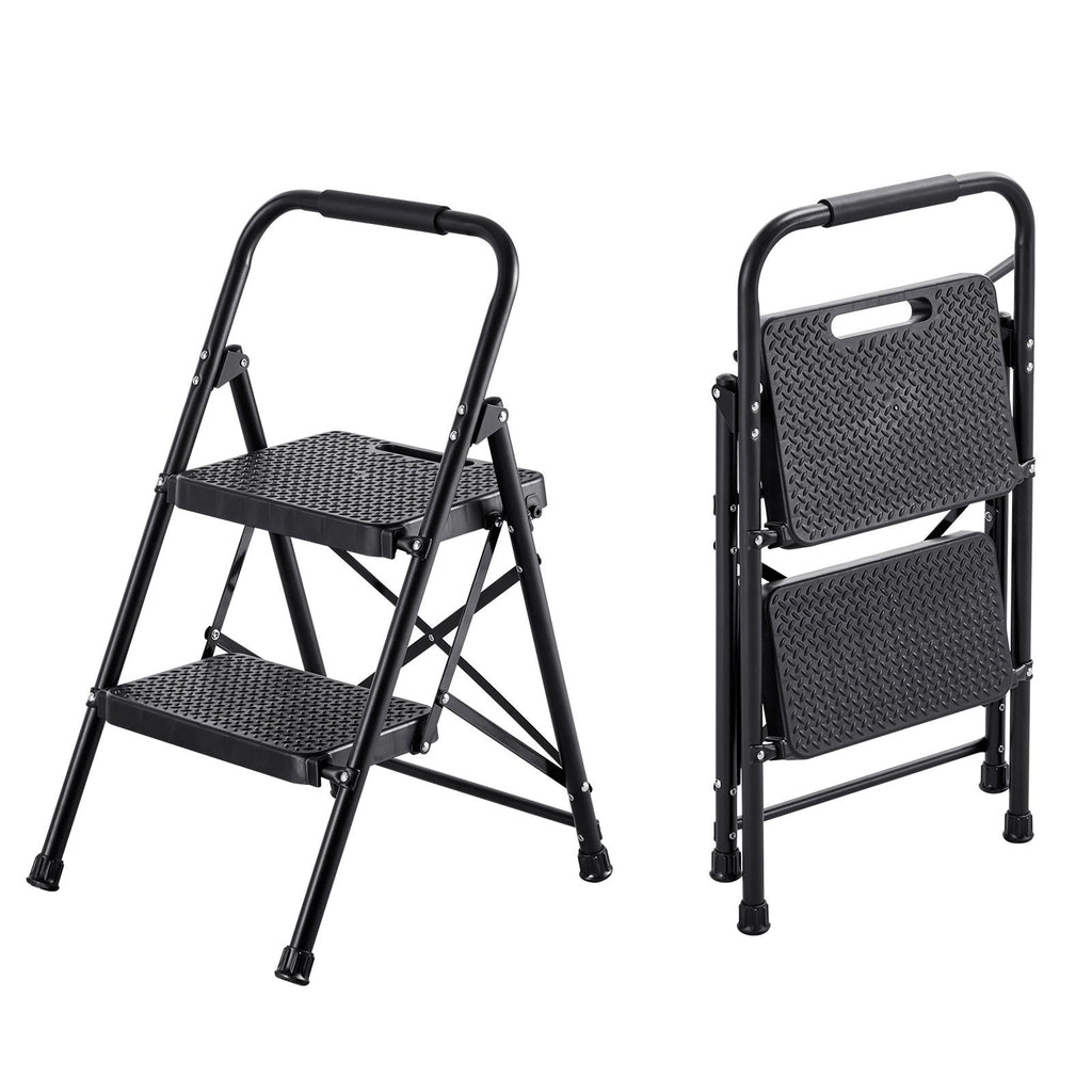 2 Step Ladder, Folding Step Stool with Wide Anti-Slip Pedal and Comfort Handgrip, Lightweight 600 lbs Capacity Portable Steel Ladder, Multi-Use for Kitchen, Home, Household and Office, Black