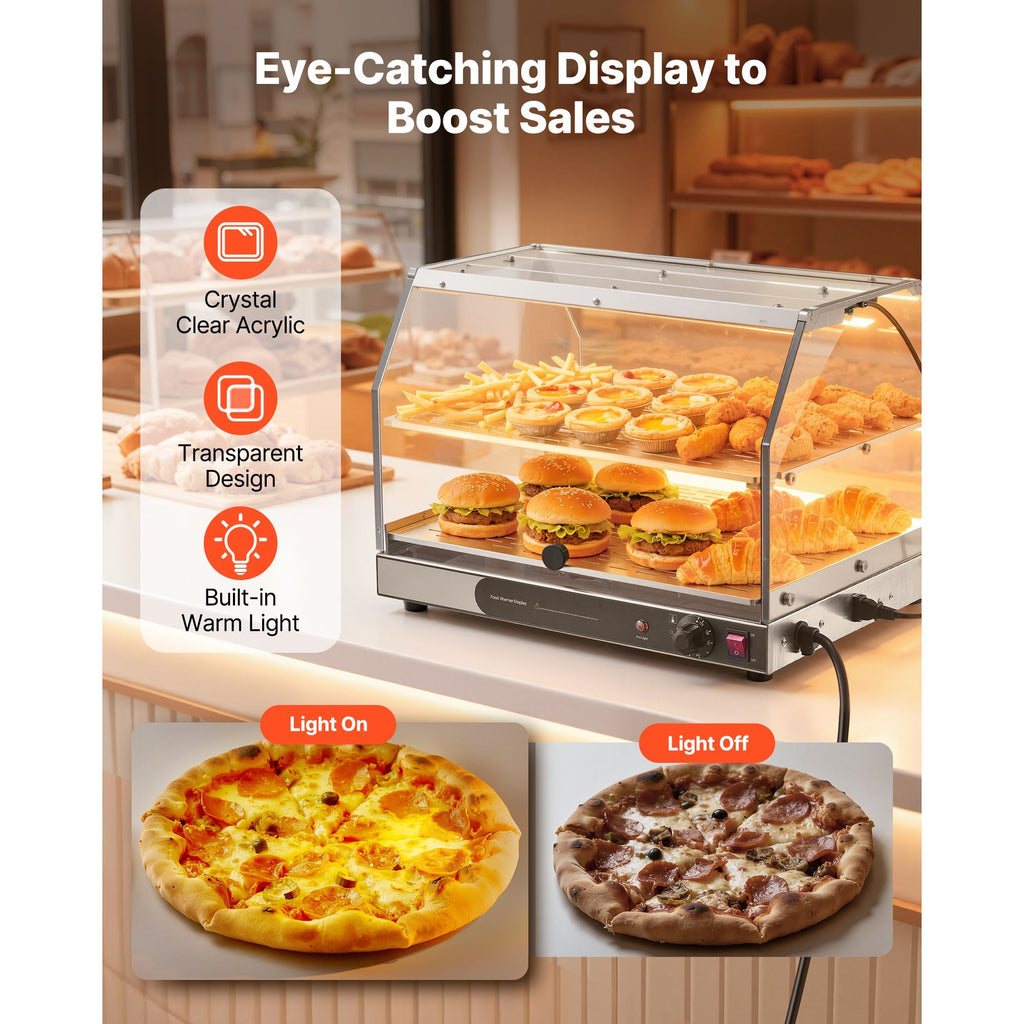 2-Tier Commercial Food Warmer Display, 450W Food Display Warmer with Light, Detachable Shelves and Double-Sided Door Design, 85-185 F Air Heating, 48L for Hamburger, Pizza, Bread, Fried Chicken