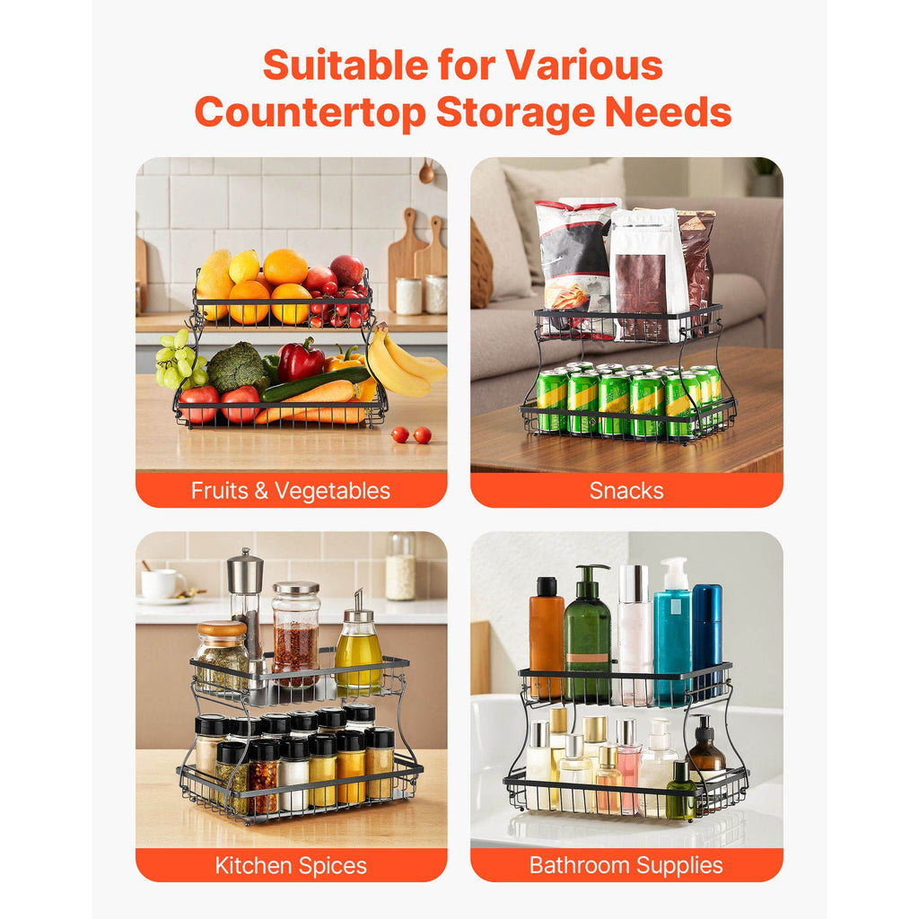2 Tier Fruit Basket, Countertop Fruits Vegetable Bowl with Banana Hangers, Metal Wire Storage Stand for Kitchen Counter, Detachable Stackable Holder Organizer for Bread Snack Veggies, Black