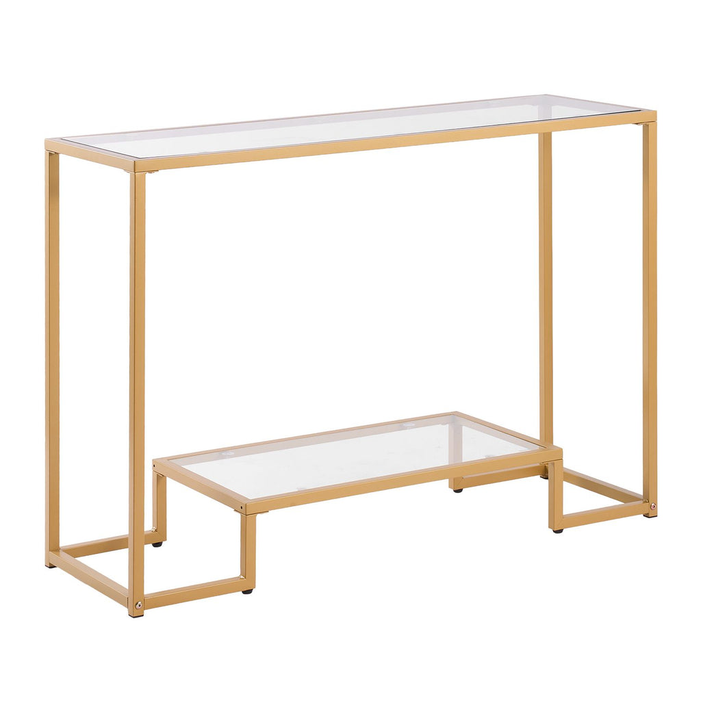 2-Tier Glass Console Table, Modern Rectangle Sofa Side Table with Tempered Glass Top and Iron Legs, Golden Consloe Desk with Anti-Tip Device for Living Room, Hallway, Entryway, Foyer, Golden