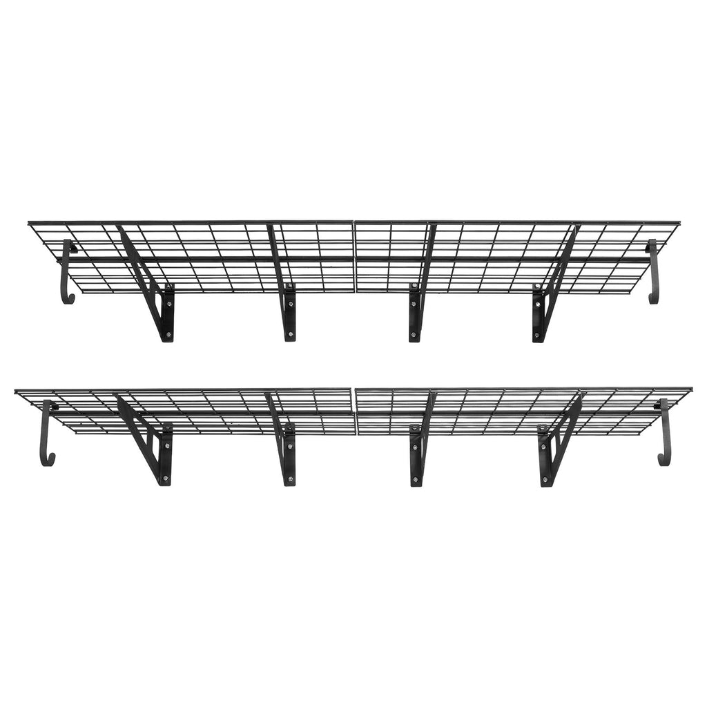 2-Tier Heavy Duty Wall Garage Shelving, 8 Pack 1 x 3 ft Steel Wall Mounted Shelving Unit with Hooks, 24 x 72 Inch Per Shelf Floating Storage Metal Rack, 1000 lbs Total Weight Capacity, Black