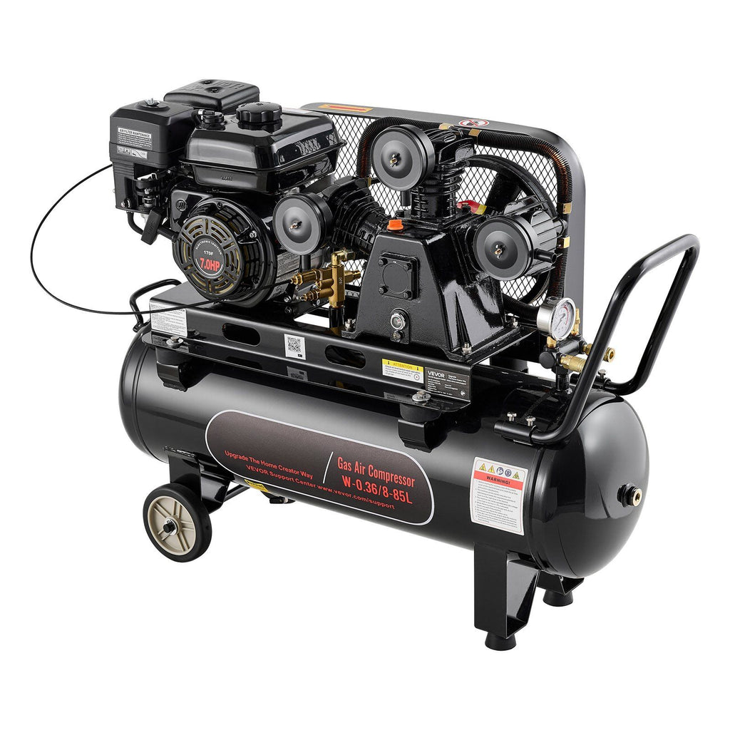 20 Gallon Gas Powered Air Compressor, 7HP 6.2CFM at 90 PSI Air Tank, Gas-Driven Air Compression System with Three-Cylinder Piston Pump, 115 PSI Max Pressure, 2 Wheels for Workshops Constructions
