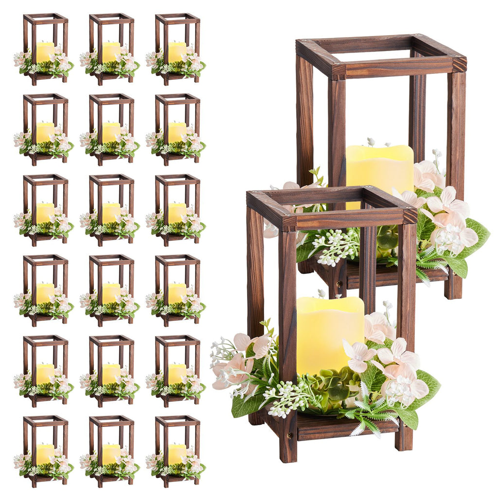 20 Set/60 Pcs Wooden Wedding Lantern Centerpiece, Includes 20 Wooden Lantern Candle Holder 20 Flameless LED Candle 20 Champagne Flower Wreath for Wedding Table Party Farmhouse Decor, Brown