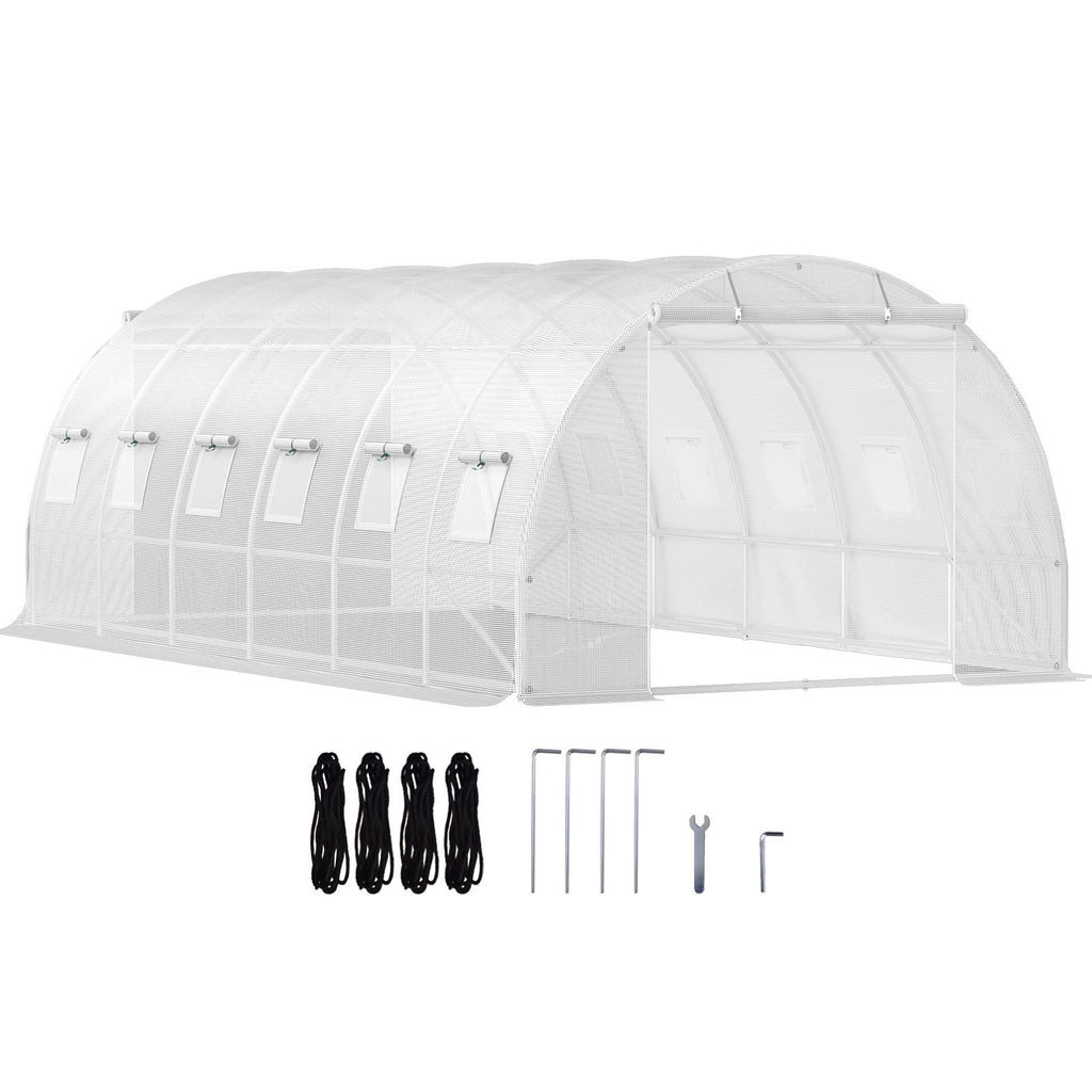 20 x 10 x 7 ft Walk-in Tunnel Greenhouse, Portable Plant Hot House with Galvanized Steel Hoops, 3 Top Beams, Diagonal Poles, 2 Zippered Doors & 12 Roll-up Windows, White