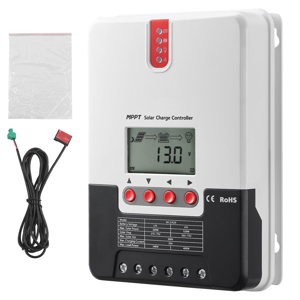 20A MPPT Solar Charge Controller, 12V / 24V Auto DC Input, Solar Panel Regulator Charger with LCD Display Temperature Sensor Cable, for Sealed(AGM), Gel, Flooded and Lithium Battery Charging
