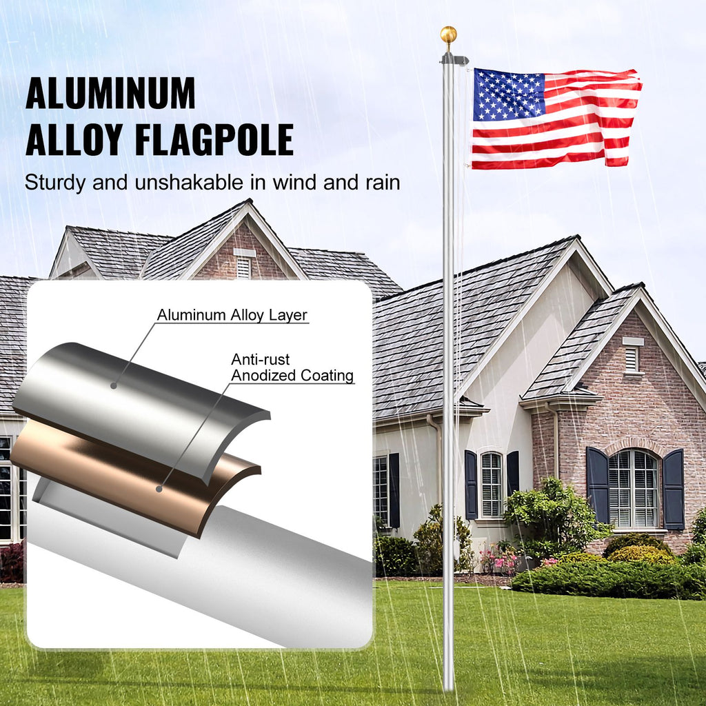 20FT Sectional Flag pole Kit, Heavy Duty Aluminum Alloy in Ground Flag poles for Outside, 3 Display Modes Flagpole with 3x5 American Flag, Professional Accessories, Silver image 2