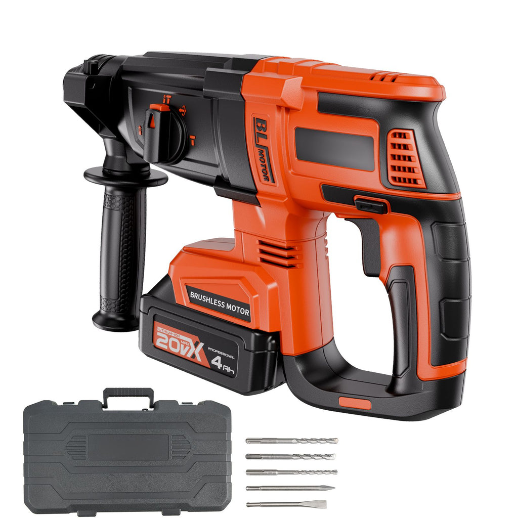 20V Brushless Cordless Hammer Drill, Lithium-Ion 1.1 Inch Rotary Hammer Driver, SDS-Plus Electric Lightweight Power Tool Kit with Battery and Charger, 4 Functions, 1200 RPM, 5300 BPM