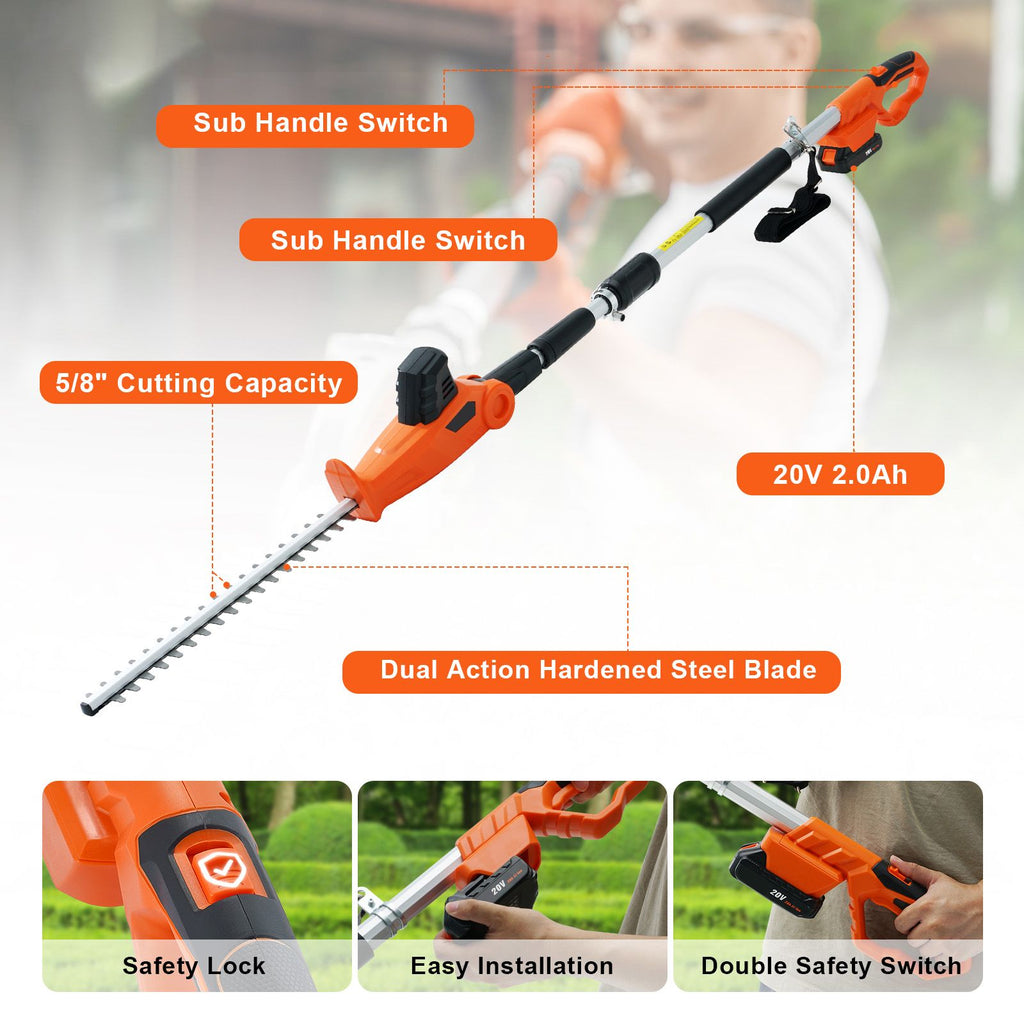 20V Cordless Hedge Trimmer, 18 inch Double-edged Steel Blade, Pole Hedge Trimmer Kit 20V Battery, Fast Charger Included, 74"-94" Telescoping Design for High Branches image 2