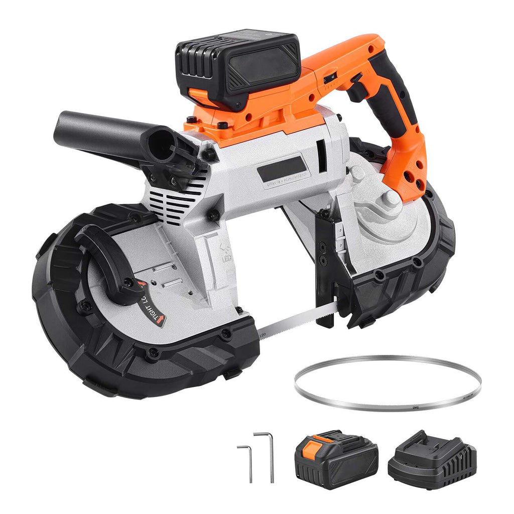 20V Portable Band Saw Kit, 5 Inches Deep Cut, AC 110V, 360W Bandsaw with Brushless Motor, 4.0 Ah Battery, Cordless and Compact Portaband, 0-120 m/min Variable Speed, for Cutting Metal, Wood