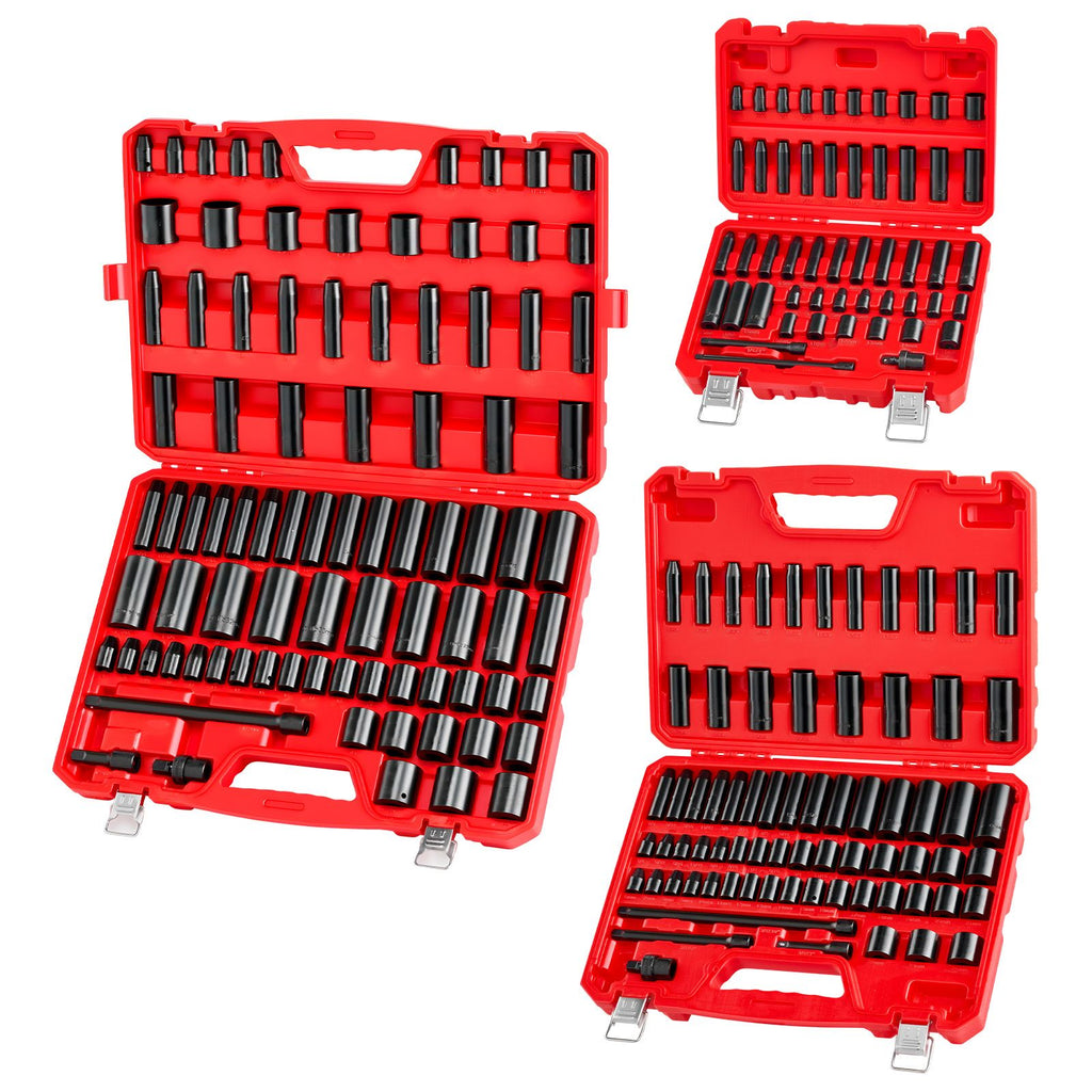 210 Piece Drive Impact Socket Set, 1/4, 3/8, 1/2 Inch, 6 Point Deep & Shallow Impact Sockets, SAE (3/16 to 1-1/4 in) and Metric (4 to 32 mm) Sizes with Extension Bars, Cr-V Steel, Carrying Case