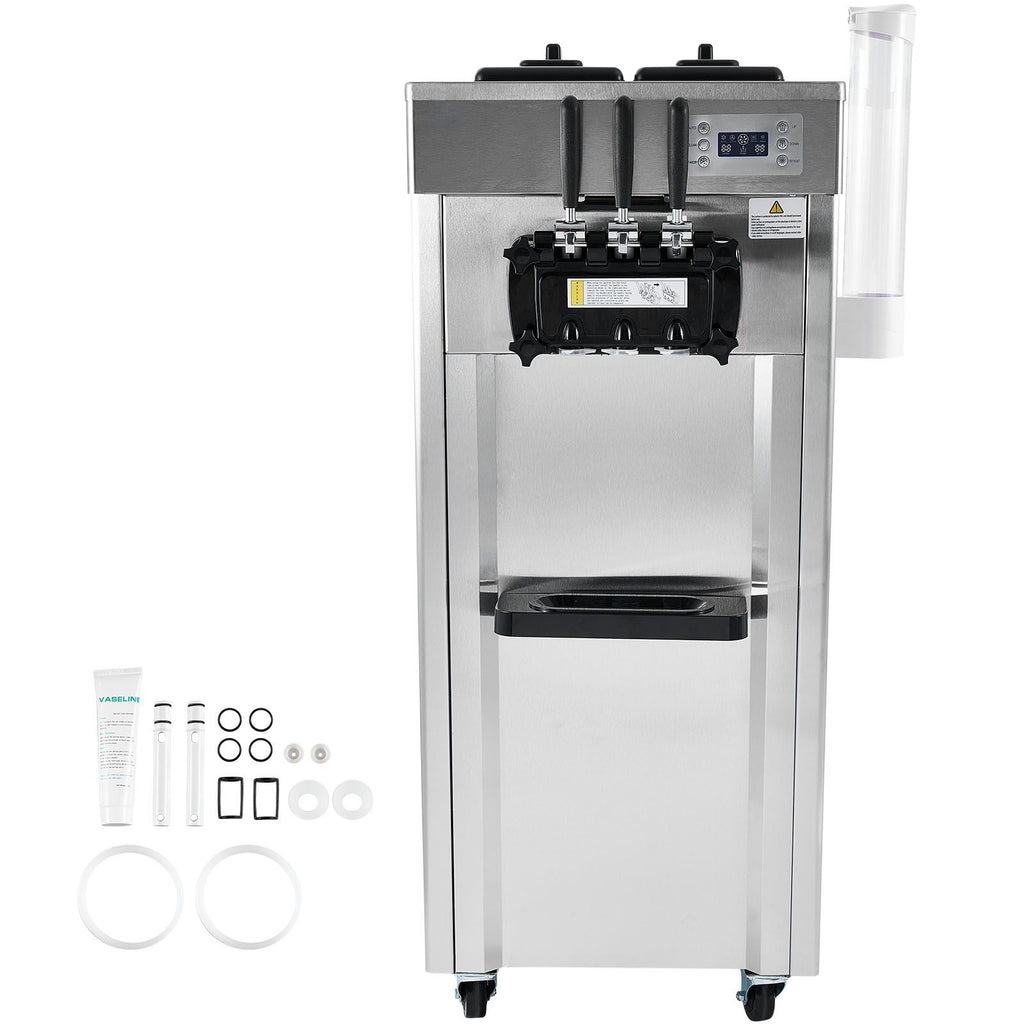 2200W Commercial Soft Ice Cream Machine 3 Flavors 5.3 to 7.4Gallon per Hour PreCooling at Night Auto Clean LCDPanel for Restaurants Snack Bar, Sliver